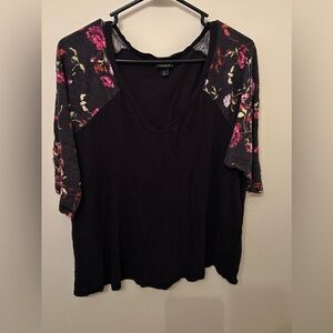 Torrid Black Top with Pink Floral Sleeves